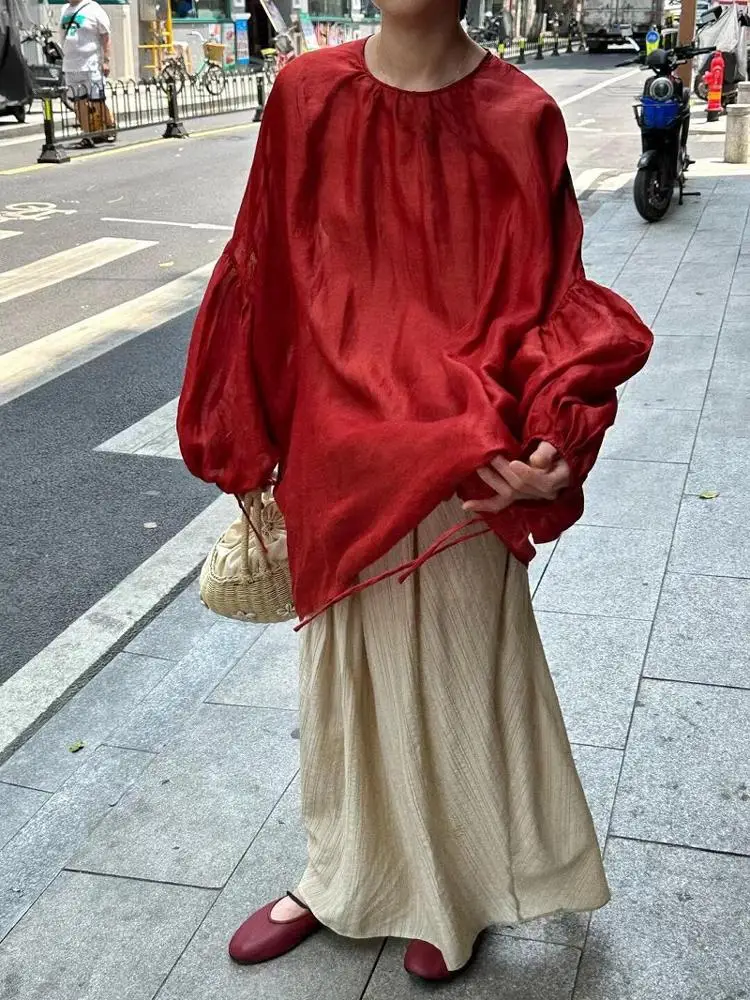 

Красная свободная блузка с рукавами-фонариками для женщин, уникальная повседневная тонкая прозрачная накидка, свободный крой, весна 2026