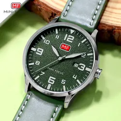 MINI FOCUS Army Sport Ultra Thin Quartz Watches Men Leather Strap Military Waterproof Wristwatch Man Clock Relogios 0158G Green