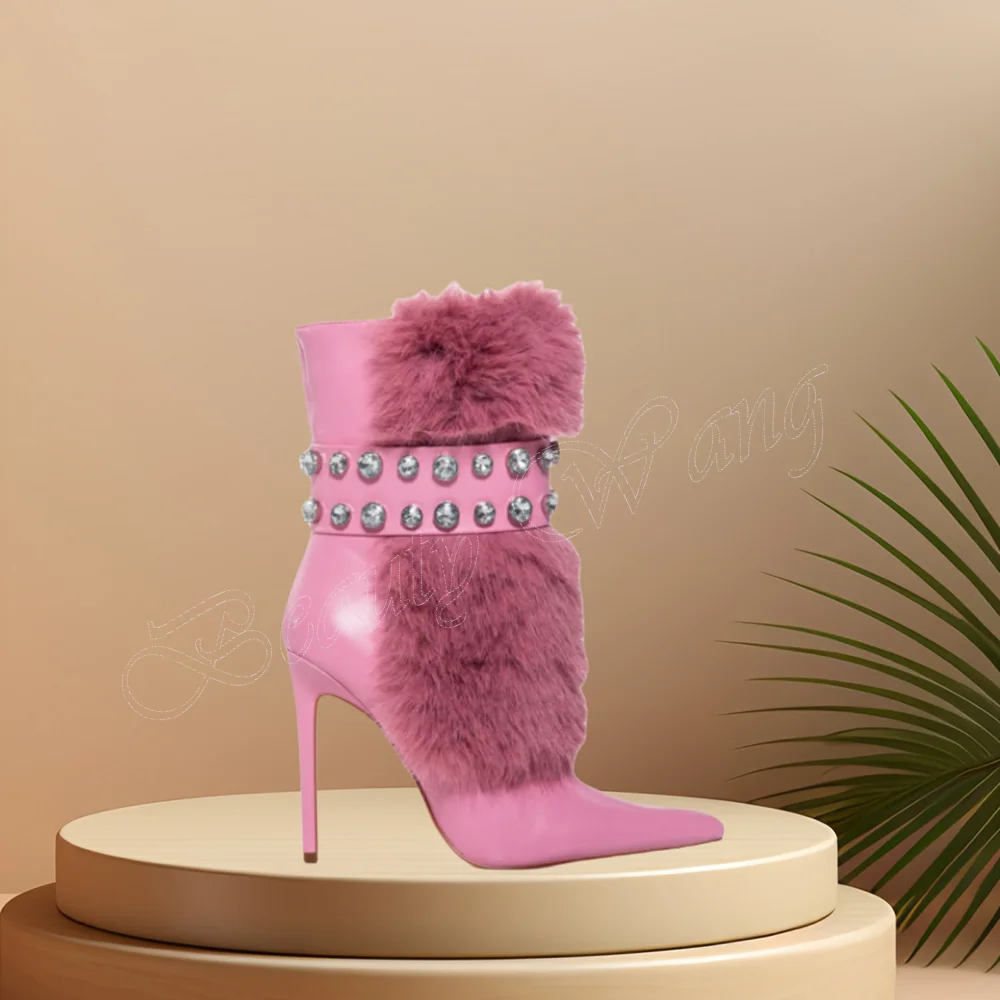 Pink Fur Decor Side Zipper Boots Mid Calf Thin High Heel Shoes for Women Round Toe High Heels 2023 New Zapatos Para Mujere