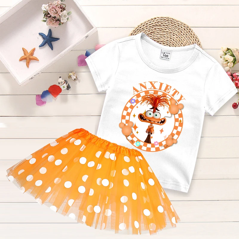 Disney Inside Out 2 Girls Short Sleeve T-shirt Cartoon Cute Skirt Children Anime Printed Tops Casual Skirts Summer Kids Clothes