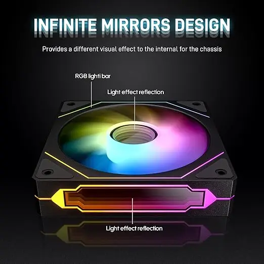 High Cooling 12CM Computer Chassis Fan,800-1600RPM Infinite Prism ARGB Fan/3 Mirror Surfaces/4PIN/3PIN ARGB PWM QuietCooling Fan