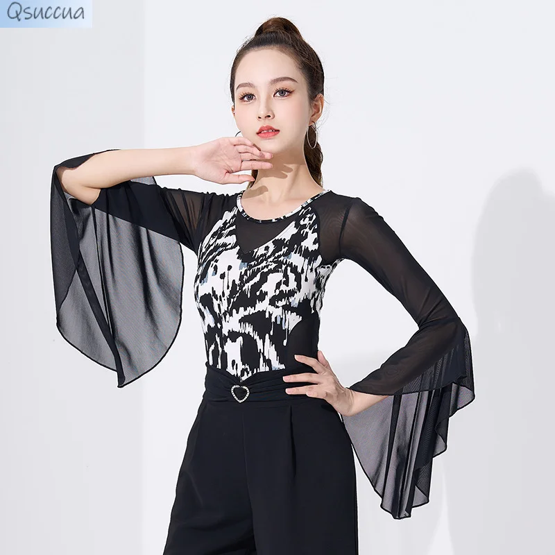 

New Latin Dance Clothes Tops Dance Practice Clothes Female Adult Body Training Black Trumpet Sleeves Modern Dance