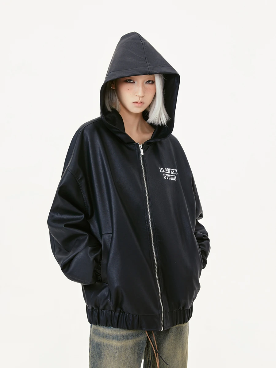 

Zip Up Hooded Letters Black Leather Jackets for Women Men Loose Winter Spring Outwear Streetwear Goth Clothes Oversized Coats