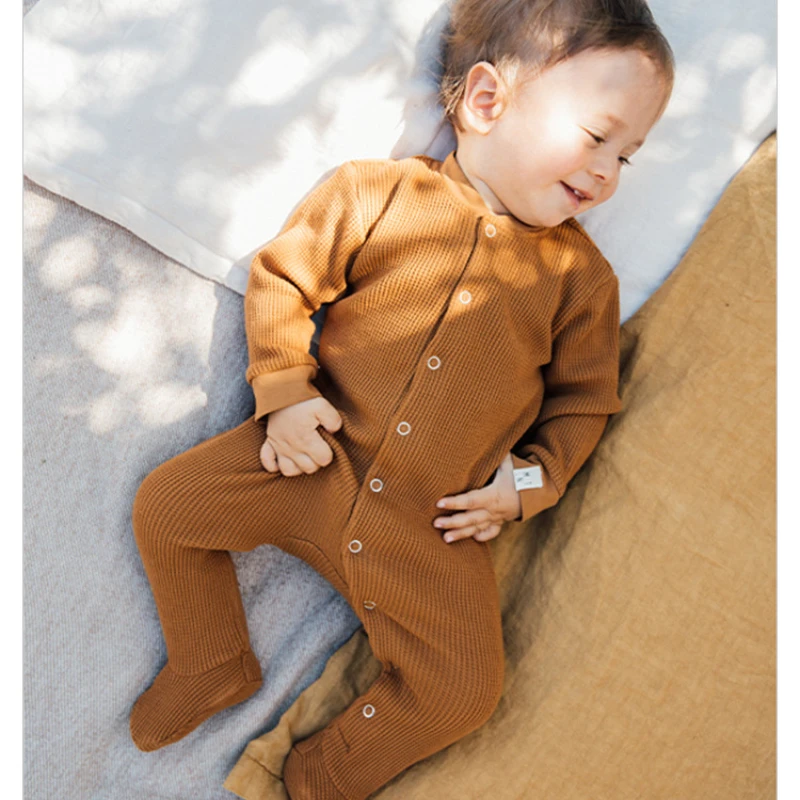

Baby Girls Cotton long sleesves Outfits Solid color Button Romper For Baby Clothes Boy kids Newborn Bodysuits waffle Pajamas