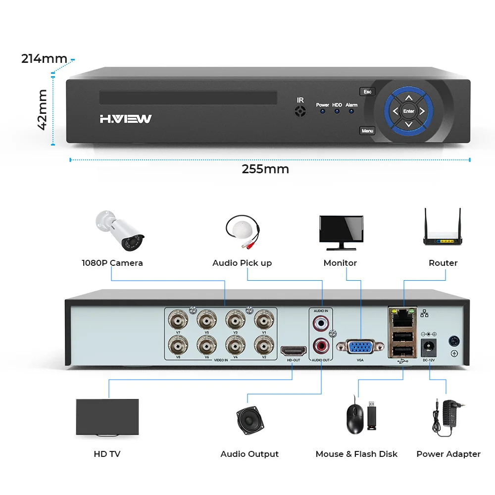 H.view cctv dvr 8ch H.264 ahd dvr nvr 8chデジタルビデオレコーダーcctv 1080 1080p hdビデオ出力サポートアナログahd ipカメラ