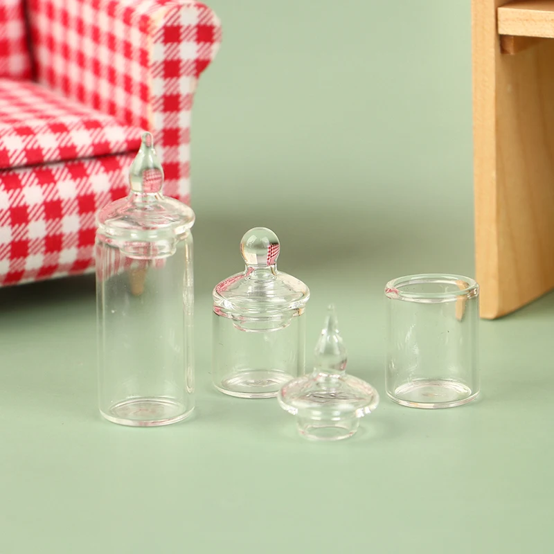 Tarro de vidrio transparente en miniatura para casa de muñecas, botella de almacenamiento de frijol de caramelo, frasco pequeño con cubierta, decoración de cocina, juguete, accesorios para casa de muñecas, 1:12