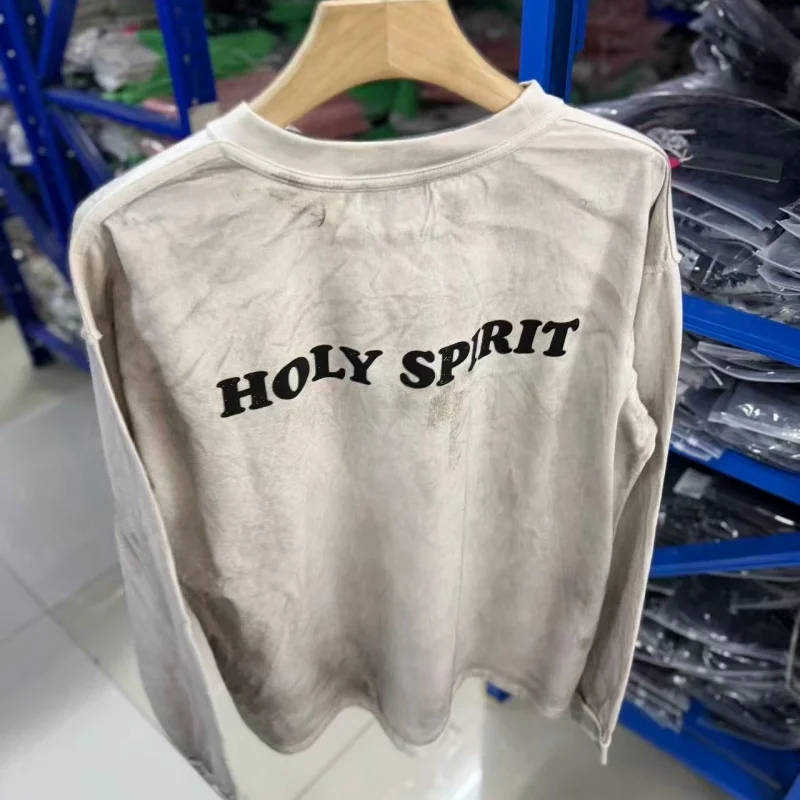 Vintage Washed Light Khaki Long Sleeve T Shirt Saint Bear Graphic Print Loose Streetwear Top