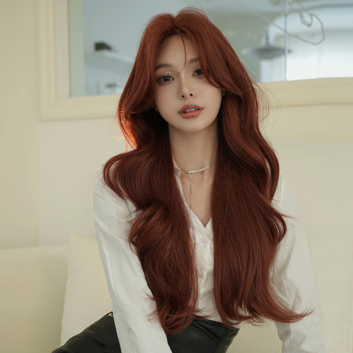 7JHH WIGS Long Body Wave Copper Wig for Women Synthetic Modest Fashion Middle Part Wear and Go Orange Wigs with Curtain Bangs