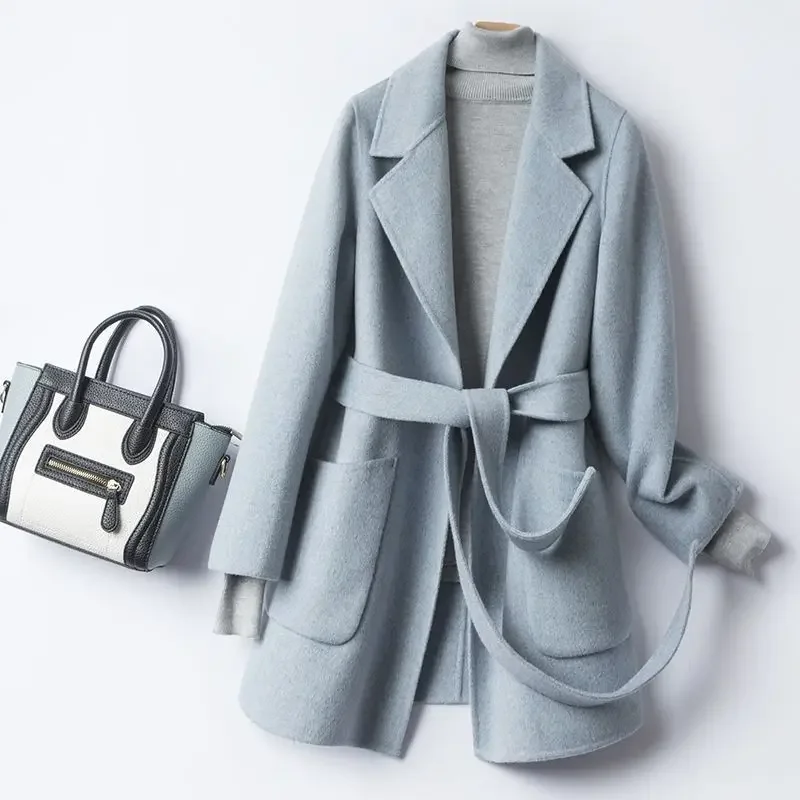 

Korean Style Clothing Novelty Sleeve Trendy Women's Trench Wool & Blends Coat Long Blue Ladies Jackets Outerwears Casual Hot
