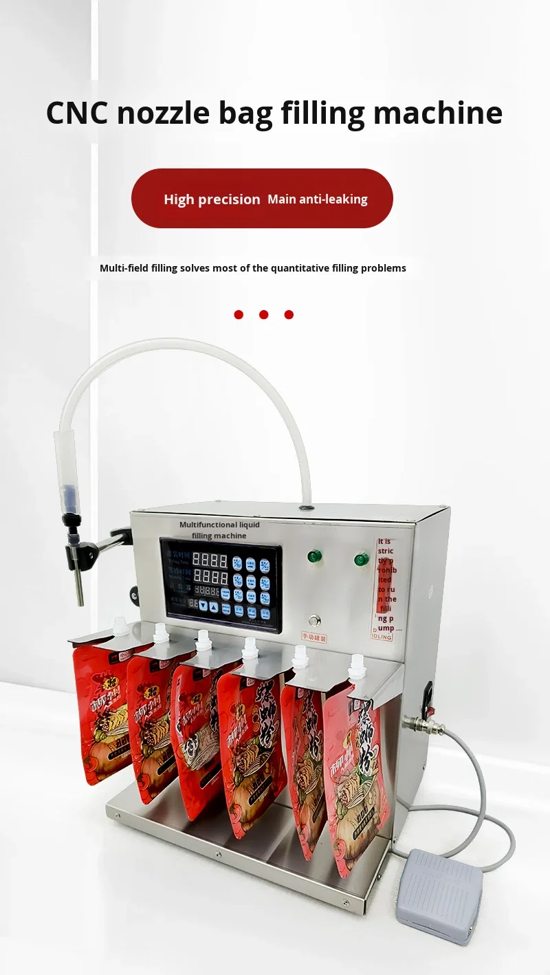 Semi-automatic Spray Bag Mini Liquid Filling Machine with Tabletop Upright Bag Metering Pump for Beer, Water, and Beverages.