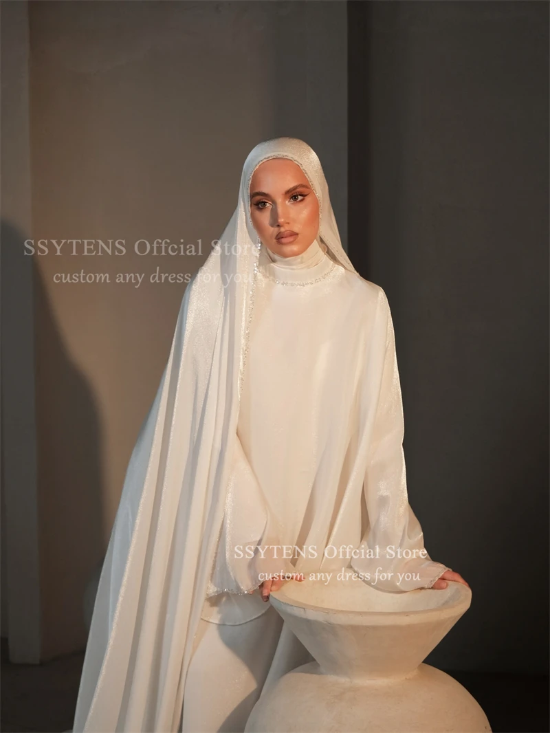 SSYTENS Muslim Simple Wedding Dresses Full Sleeves Satin Bridal Dress Sequined Mermaid Customized Bride Gown vestidos de novia