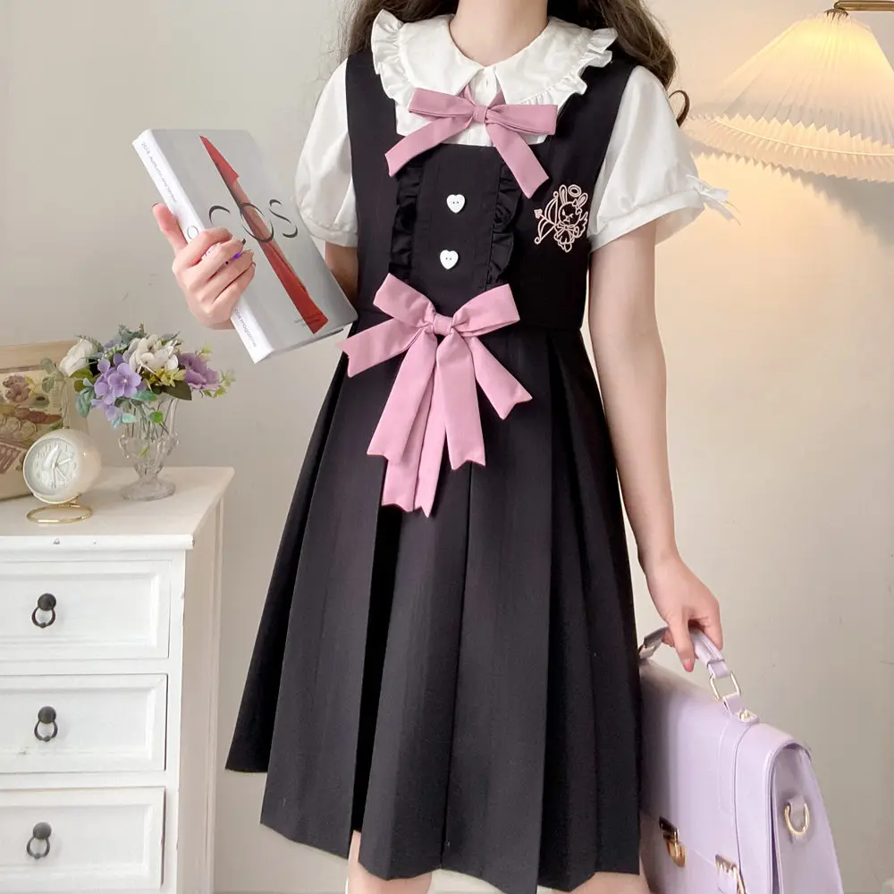 Cute rabbit Breast Protection Skirt Women's short sleeve JK Uniform Dress set Black white Embroidery Japanese School Outfits Set