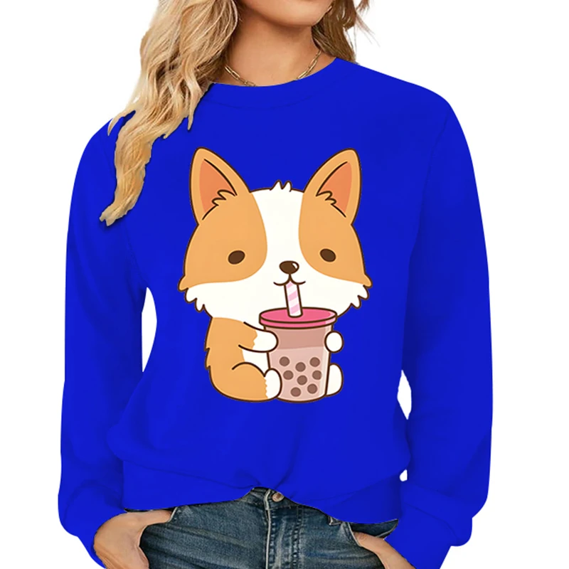 Animal Corgi Bobo Tea Print Sweatshirts Women Long Sleeve Round Neck Streetwear Cartoon Anime Dog Female Y2K Pullovers Hoodies