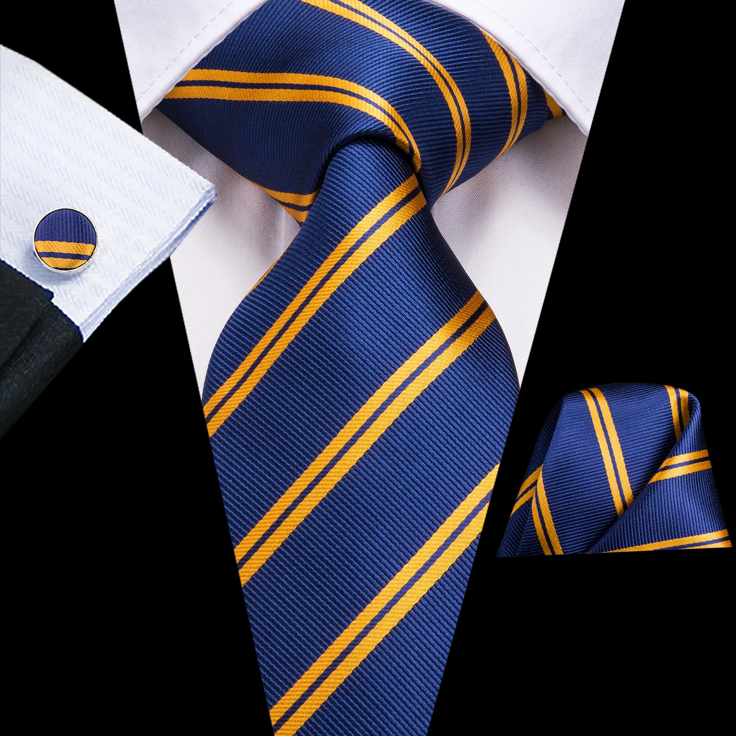 Hi-Tie Designer Mens Necktie Navy Blue Striped Dot Silk Wedding Tie For Men Hanky Cufflinks Tie Set Business Party Dropshipping