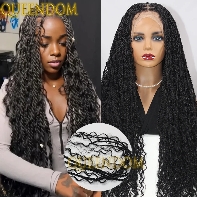 Synthetic 32 Inch Bohemian Braid Wig Knotless Faux Locs Island Twist Braids Wig with Curly End Full Lace Box Braided Goddess Wig