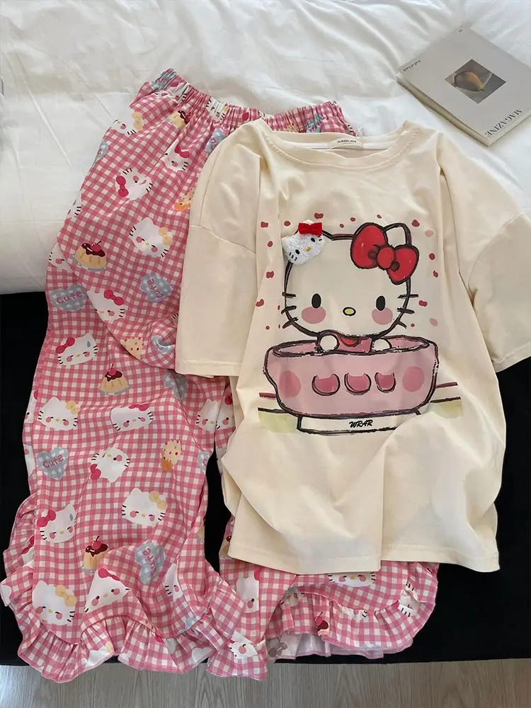 

SanrioHello Kitt Plus Size Cute Cartoon Printed Pajamas Women's Spring and Summer New Loose Short-sleeved Trousers Home Clothes