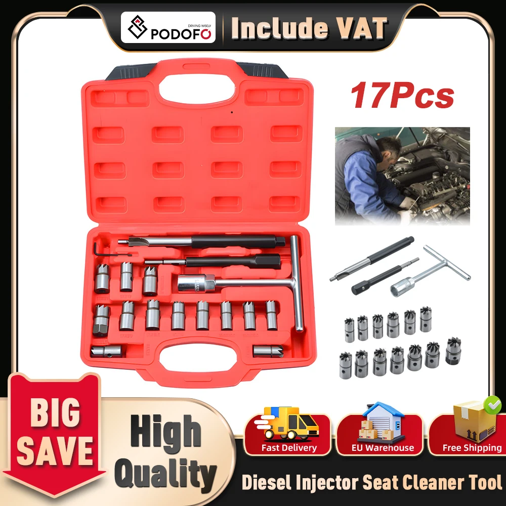 Podofo 17 pièces : Coupe-injecteurs diesel et coupe-sièges d'étanchéité pour injecteurs, avec 13 coupe-injecteurs et coupe-injecteurs de 19 mm, pour moteurs Common Rail, économie de carburant, entretien moteur, outils de réparation automobile