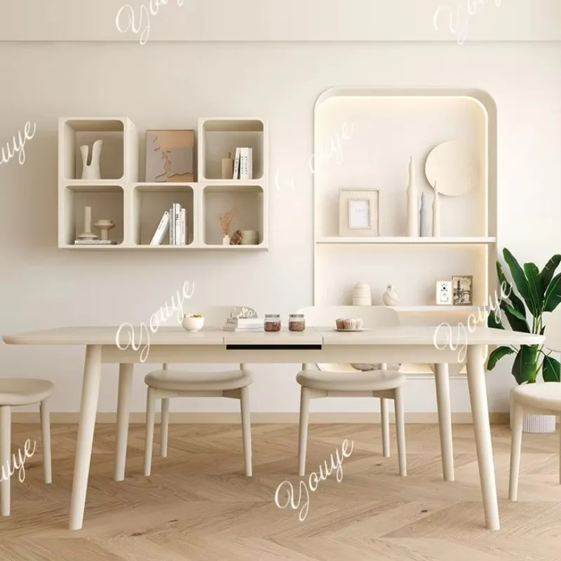

MX French White Cream Wind Pure White Rock Slab Solid Wood Dining Table Retractable Small Apartment Dining Table And Chair Combi