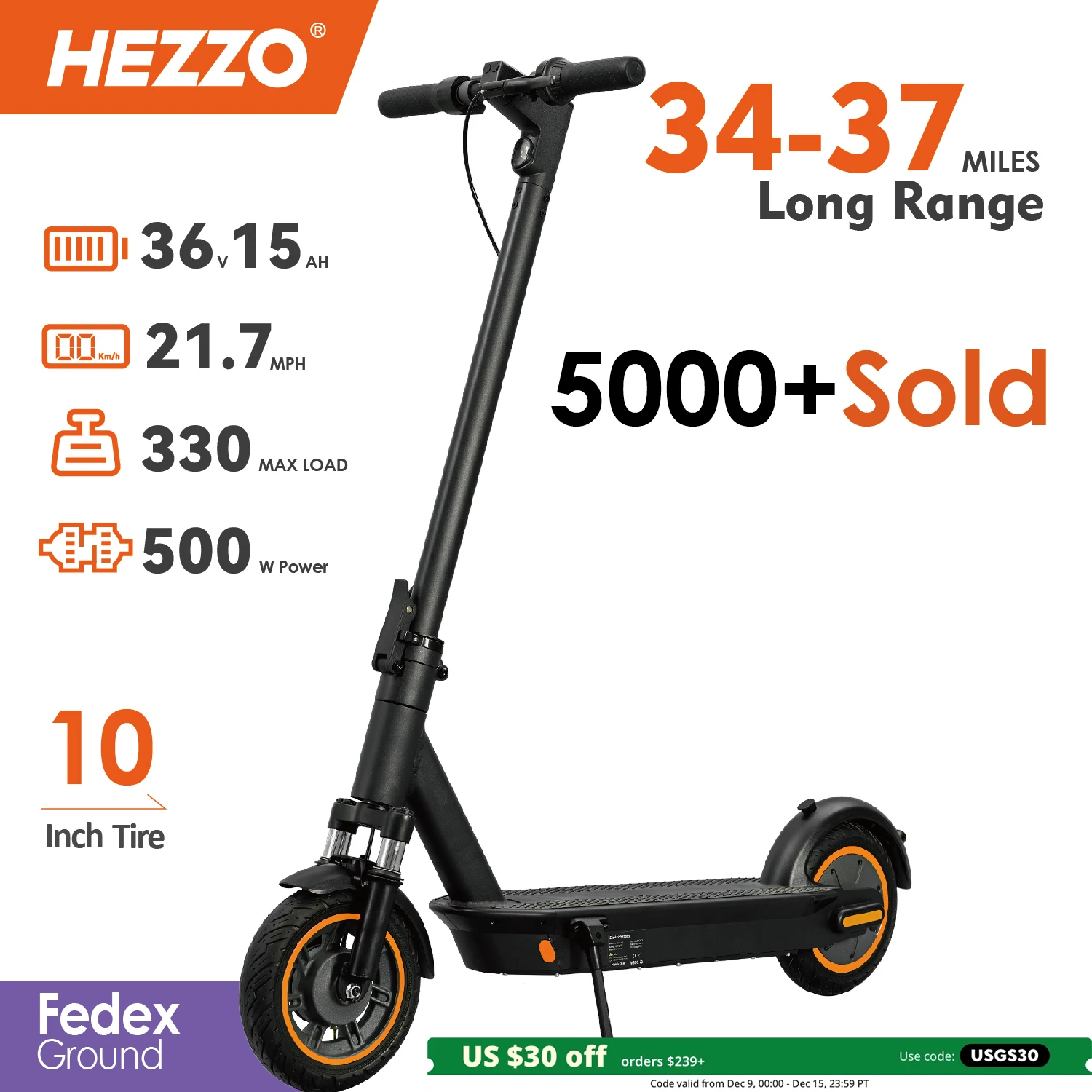 HEZZO G30 36v 500w Electric Scooter Moped 21MPH 37.5 Miles 10 Inch 15Ah Foldable Mobility Escooter Front Suspension US Warehouse