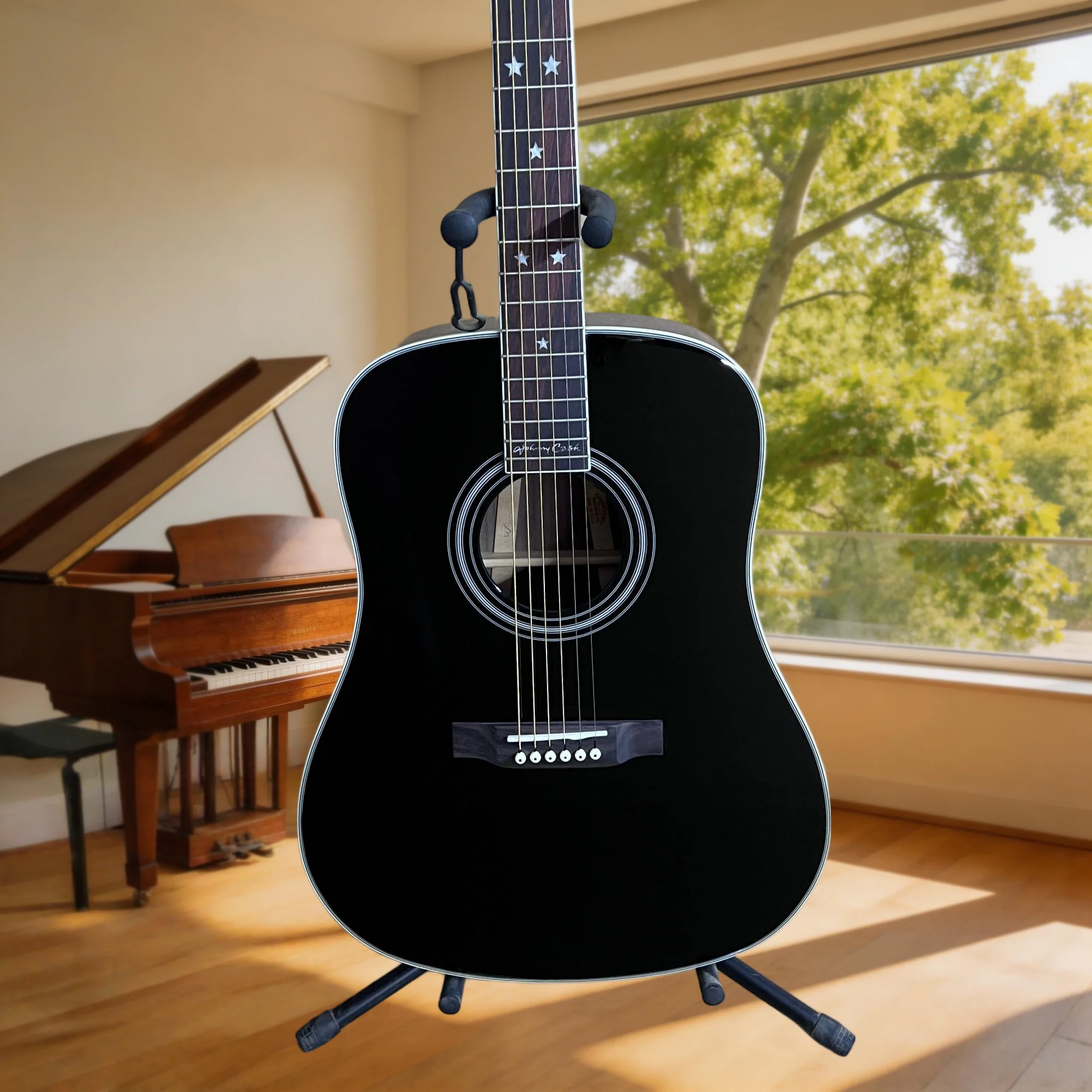 Pickup Included D35  Acoustic Guitar Natural Finish Black 6 String Star Fingerboard Inlays Picea Solid Top 3-Piece Back Gift