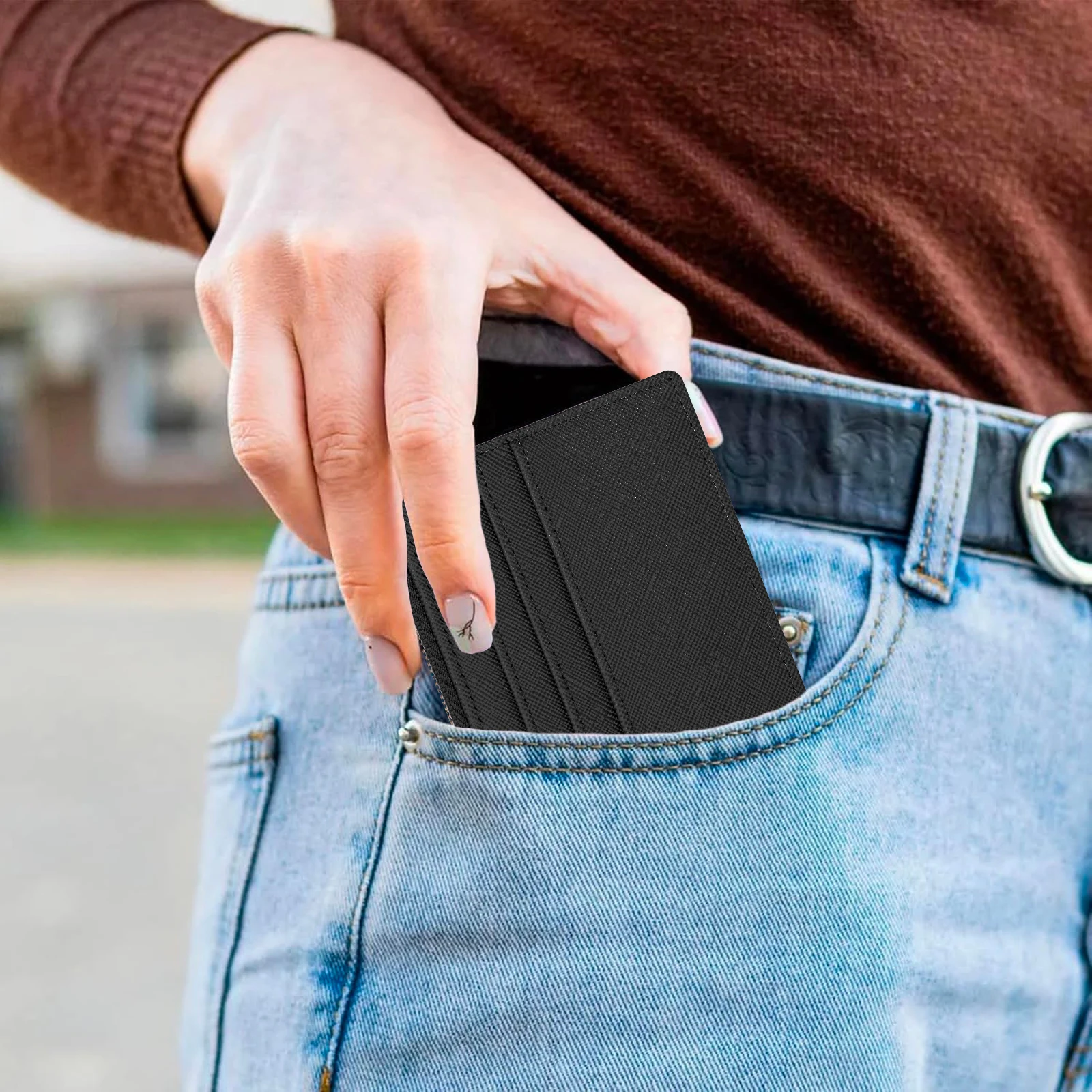 محفظة جلدية للعملات المعدنية، حامل بطاقات، حافظة مفاتيح، 3 فتحات للبطاقات، فتحتان جانبية، نافذة واحدة لبطاقة العمل الشفافة، وجيب واحد بسحاب. ZMT #5