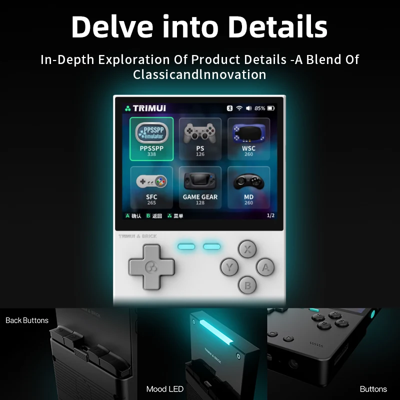 Trimui tijolo branco retro console de jogos 400ppi tela ips sistema linux 3000mah bateria de longa duração humor led efeito presente keycaps