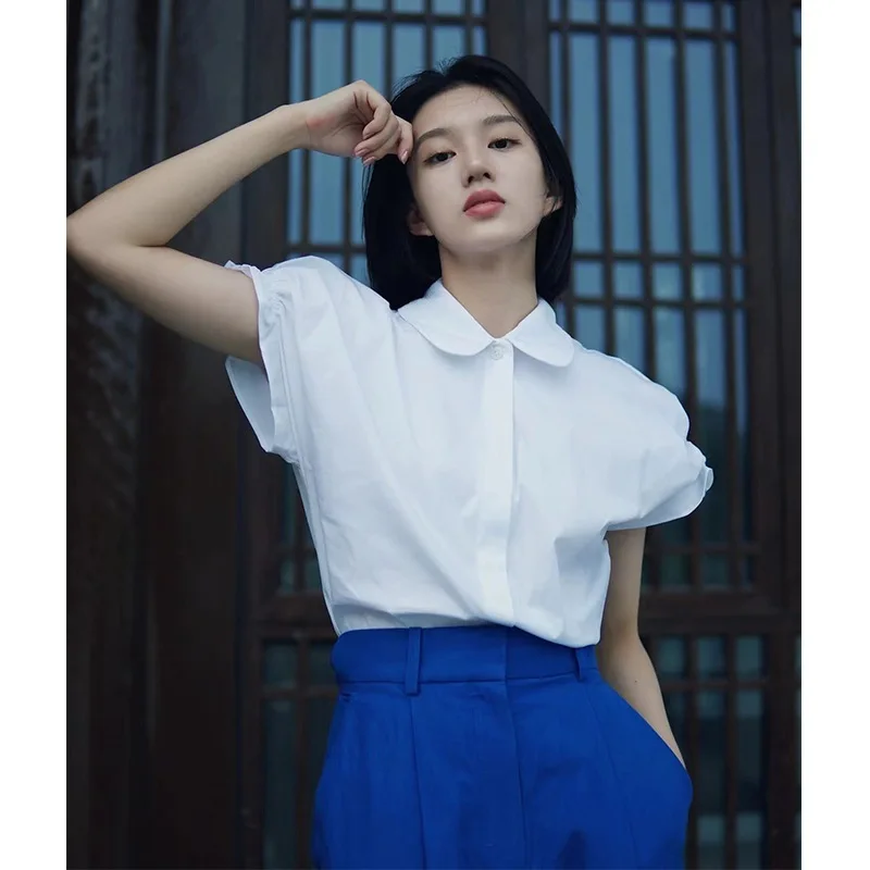 Women's Two-Color Doll Collar Trunched Pleated Shirt, Casual Edition, Short Sleeve, Monochromatic Top, Summer, 2024