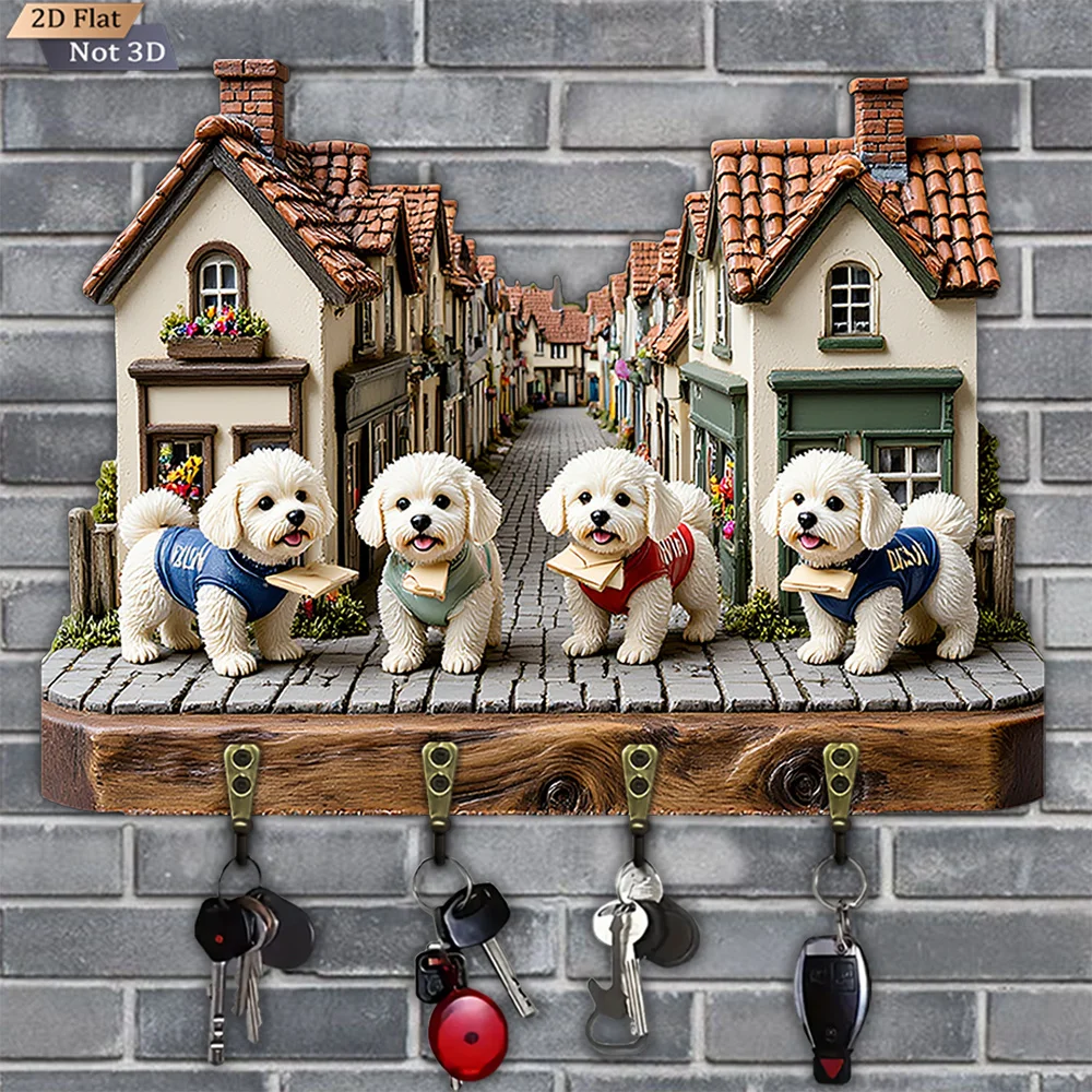 2D Flat, 1pc, Dog Street Scene Key Hook, Wooden Multi-functional Home & House Key Hook, with Four Metal Hooks, Wall Decoration,