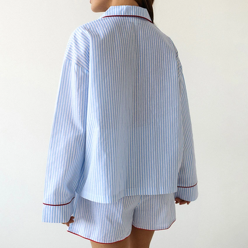 Hiloc Blue Striped V-Neck Single-Breasted Long Sleeve Top Suits Woman Pure Cotton Elegant Shorts Sets Color-Blocking Pajama Sets