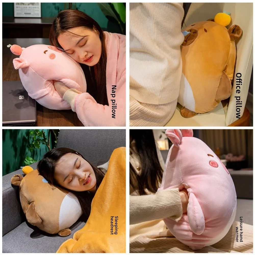 جديد الكرتون كابيبارا وسادة مع بطانية مع جهاز تدفئة محمول القيلولة سيارة وسادة غطاء الساق 3 في 1 قيلولة وسادة طالب عنبر #6