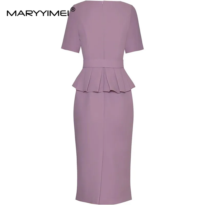 MARYYIMEI Spring Summer Women's Short Sleeve High Waiste Sashes Flounced Edge Slim-Fit Hip Wrap Commuter Dresses