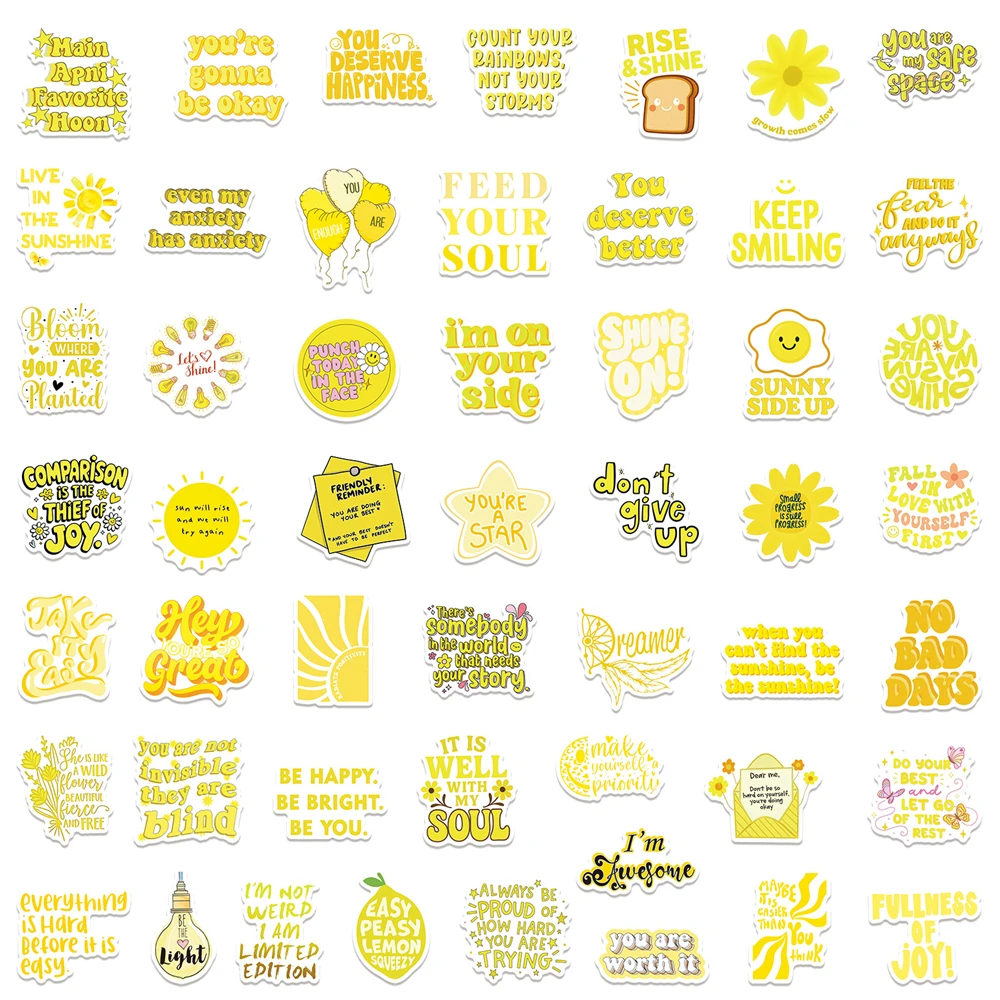 50/100 Pcs HD Yellow Ins Inspirational Quote Stickers Fade Resistant PVC Waterproof DIY for Cup Phone Laptop Guitar Notebook