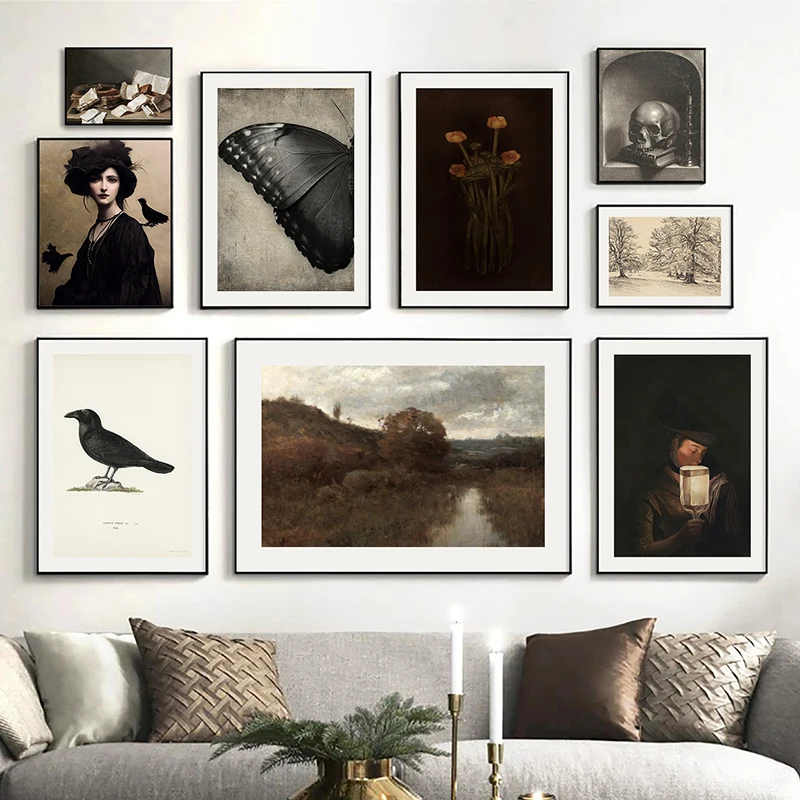 Dark Academia Wall Art Prints Victorian Witch Portrait with Birds Painting Canvas Poster Moody Aesthetic Decorative Pictures