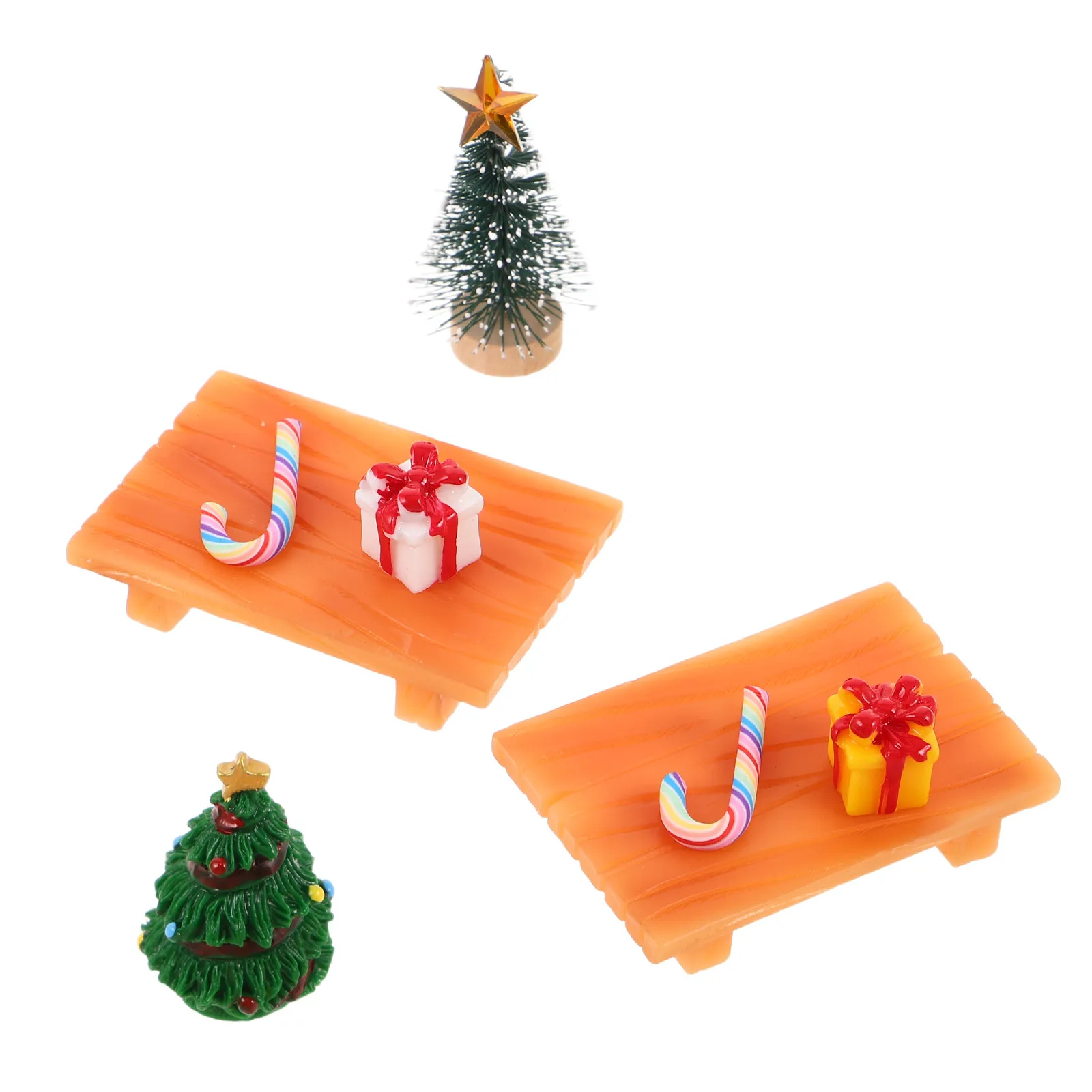 2Sets Miniature Christmas Dollhouse Accessories Candy Cane Present Box Tree Bench Chair Holiday Micro Scenes Ornaments