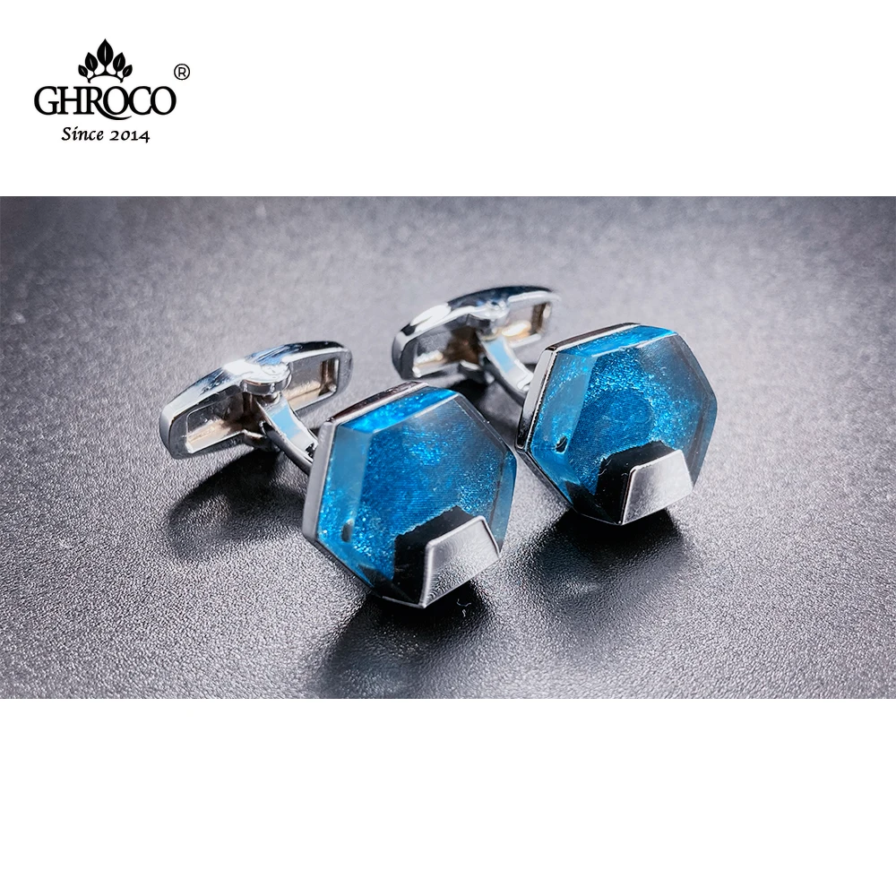 

GHROCO Charming Hexagon Blue Resin Men’s Cufflinks for French Cuff Dress Shirt Great Gift for Business Men