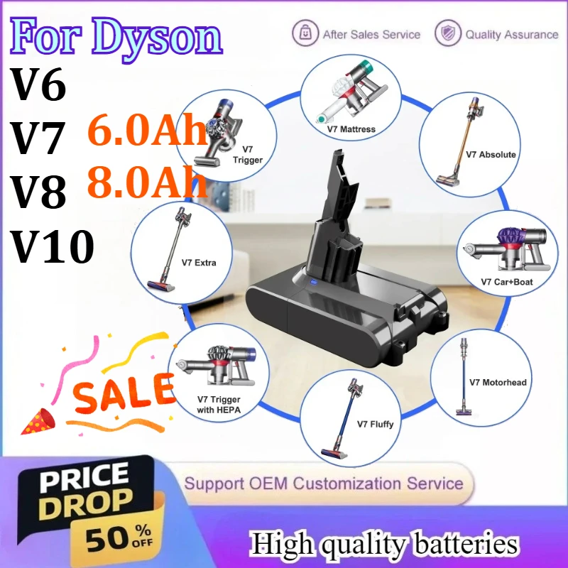 

6.0Ah/8.0Ah Replacement Battery for Dyson V6 V7 V8 V10 Series SV11 SV10 SV12 DC62 New Handheld Vacuum Cleaner Batteries