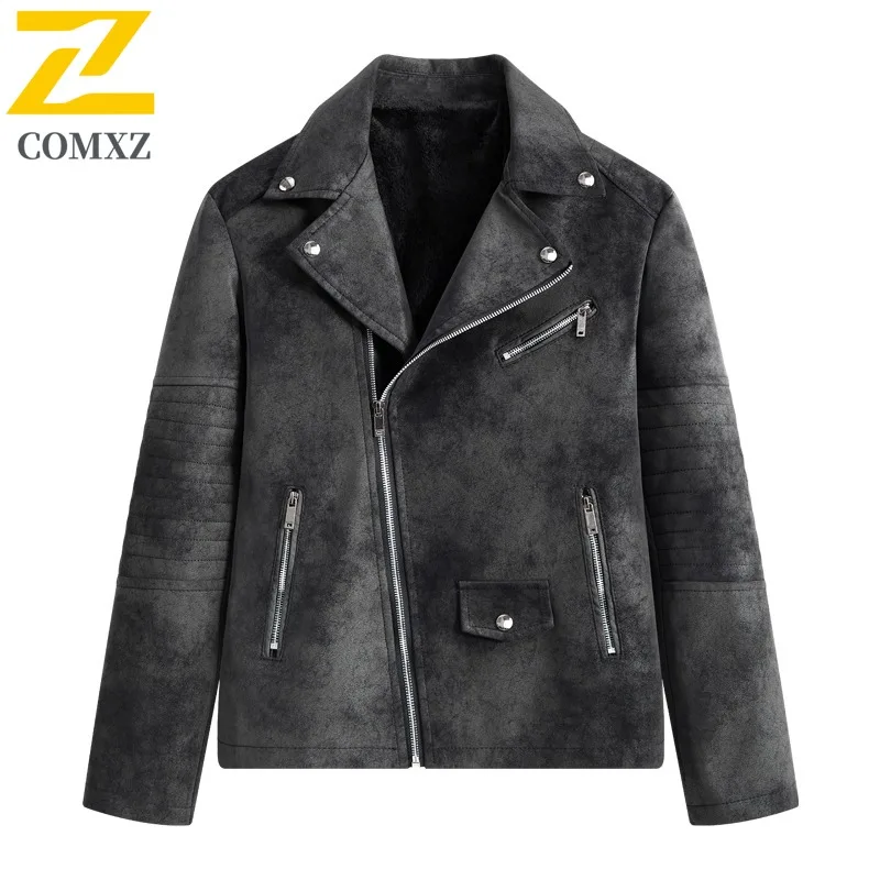 

COMXZ Мужская кожаная куртка с воротником-стойкой, удобное пальто для езды на велосипеде на открытом воздухе, однотонное дорожное легкое осеннее пальто на молнии
