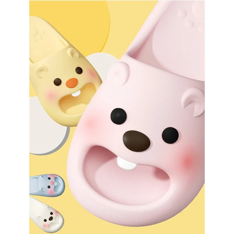 Cute Beaver Cartoon Slippers Women Men Summer EVA Soft Platform Slides Antibacterial Shock Absorption Non-slip Home Bathroom San