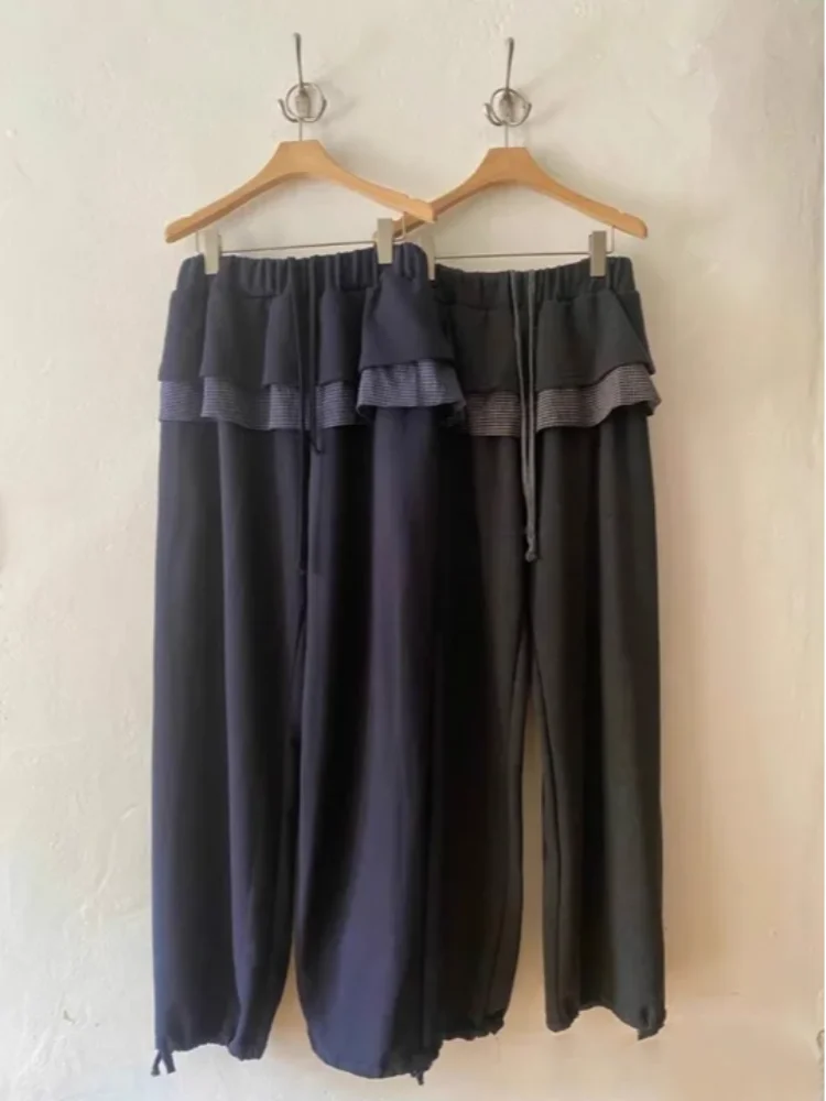 Japanese cute retro spicy girl plaid patchwork lace fake two-piece casual skirt pants autumn/ winter trend loose wide leg pants