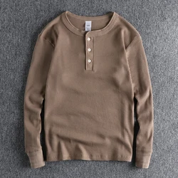 Autumn and Winter American Retro 260g Waffle Knitted Henry Collar T-shirt Men's Fashion Long-sleeved Loose Casual Bottoming Tops