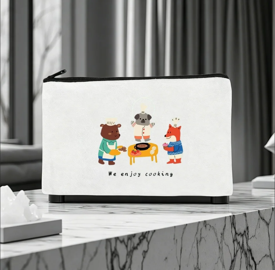 1PC Double-sided Print Canvas Pouch Cartoon Bear Fox Chef Zipper Storage Makeup Bag
