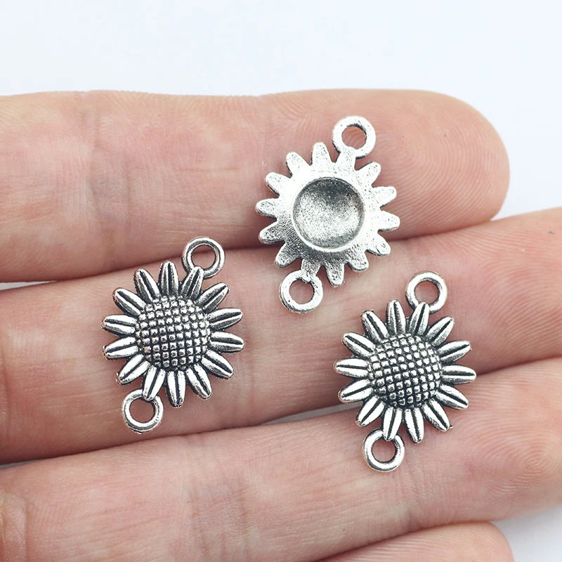 Newest 20 Pieces 15*22mm Antique Silver Color Sunflower Charm Connector Necklace Pendant Accessory Charms For DIY Jewelry Making