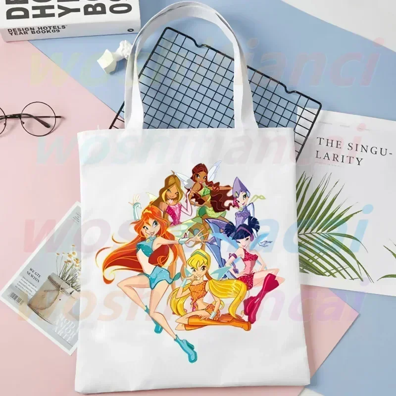 Winx Butterfly Fairy Print Canvas Shoulder Tote Bag for Women Handbags Eco Reusable Shopping Bag Vintage Fashion Ulzzang Bags