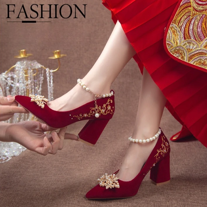

Women High Heel Shoes Elegant Fashion Thick Soled High Heels Women Retro Shallow Mouth Banquet Party Wedding Shoes Zapatos Mujer