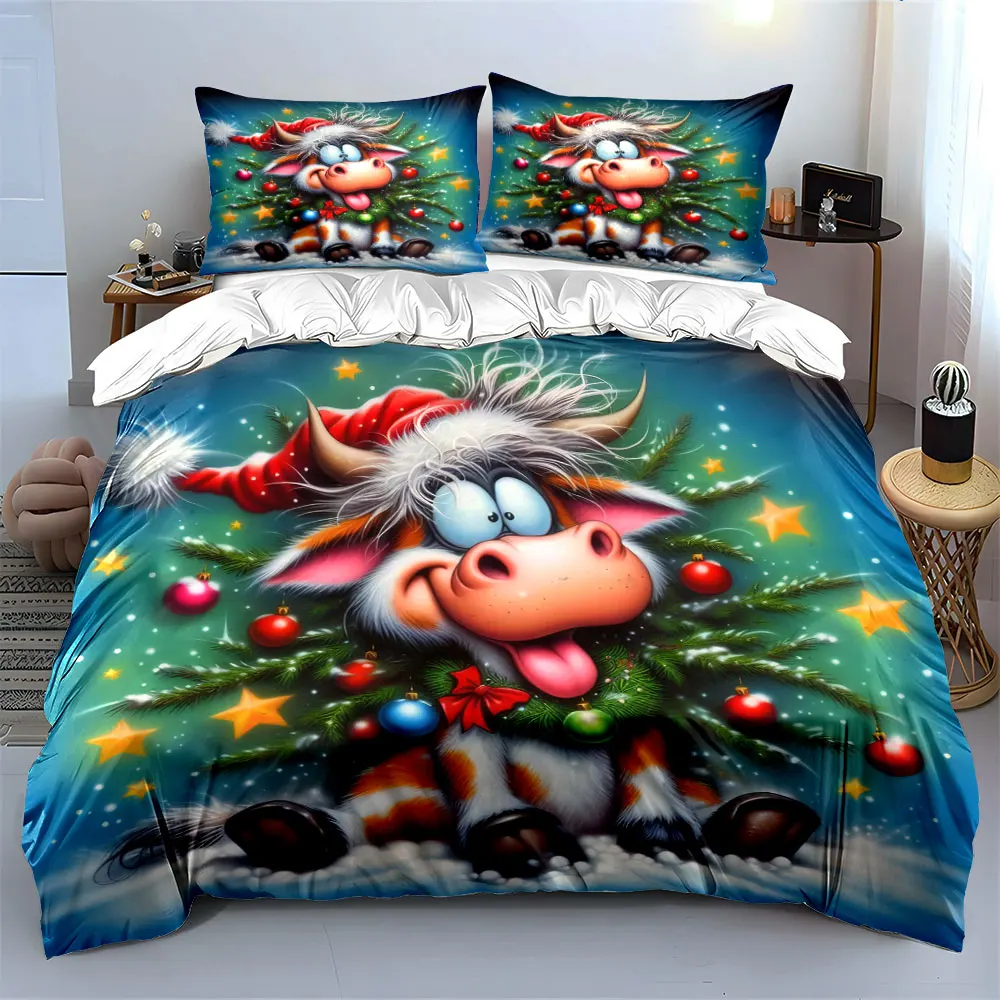 Festive Cow with Decorated Tree Background Print Duvet Cover Bedding Set Included 1*Duvet Cover 2*Pillowcases Luxury gifts