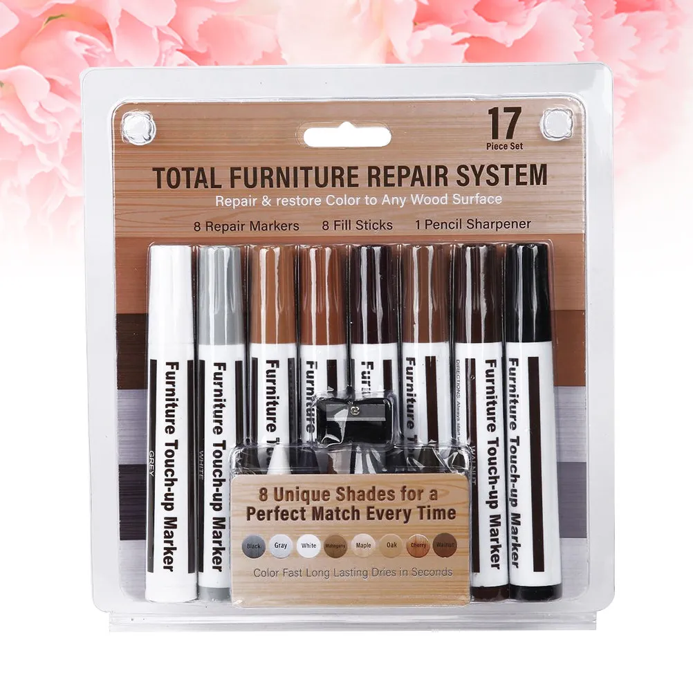 Wood Furniture Scratch Repair Kit 17 Piece Touch Up Markers and Wax Crayons for Stains Scuffs and Blemishes