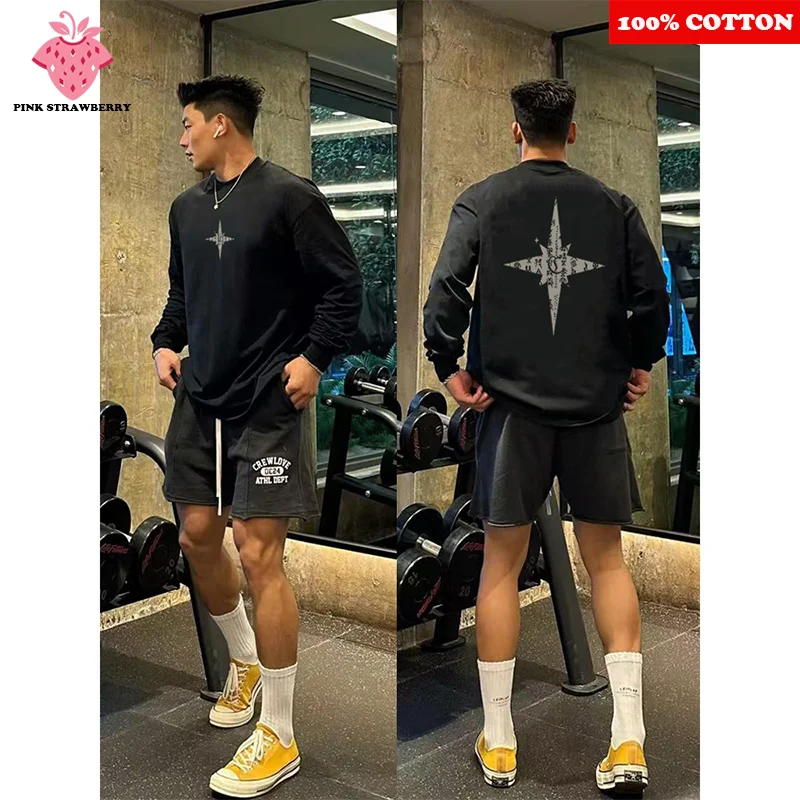 

American Cross Star Print T-shirt Men Autumn 2025 New 100% Cotton Black Long sleeves Sports Gym T-shirt Y2k Tops Male clothing