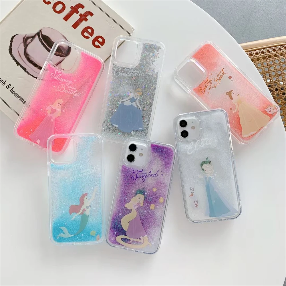 Glitter Phone Case For iPhone 16 15 14 plus 13 12 11 Pro Max Liquid Quicksand Bling Cover Mermaid Tangled Cinderella Princess