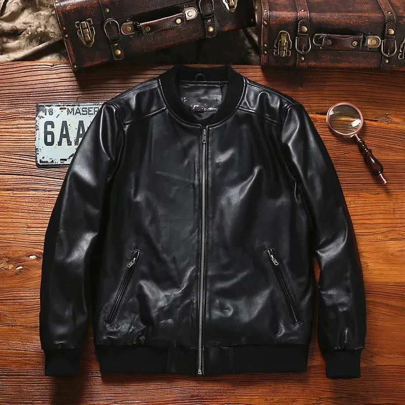 

YR!Free shipping.men classic casual Spring soft natural leather jacket.Plus size outlet genuine sheepskin coat.baseball style