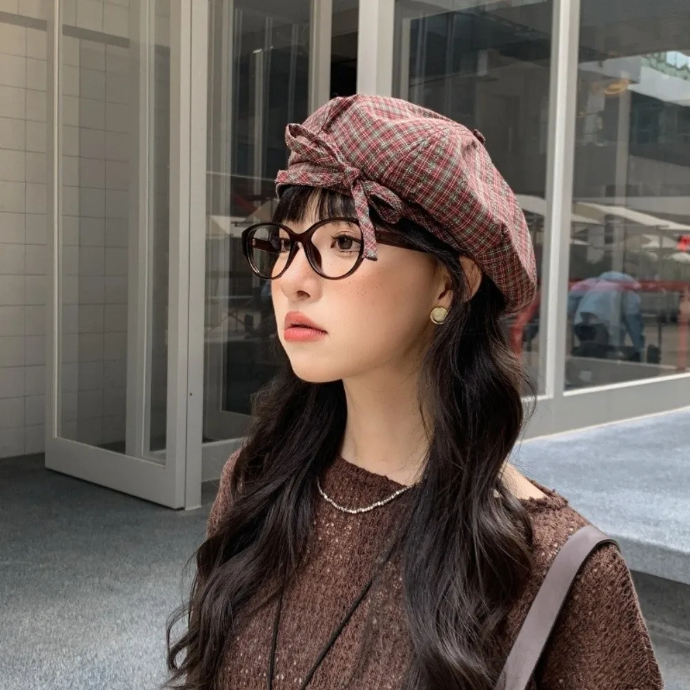 Retro Bow Plaid Beret Hat Keep Warm Lattice Women Painter Hat Korean Style Cloud Hat Women Octagonal Cap Girl